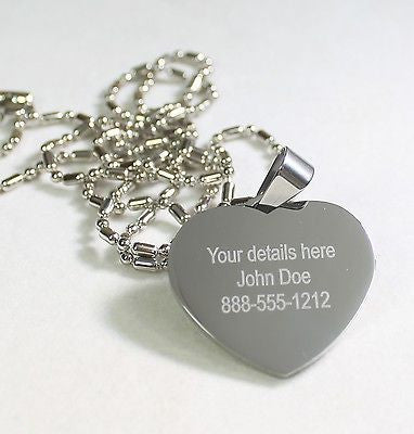 MEDICAL ALERT CZ BLING HEART SOLID STAINLESS STEEL TAG FREE ENGRAVE - Samstagsandmore