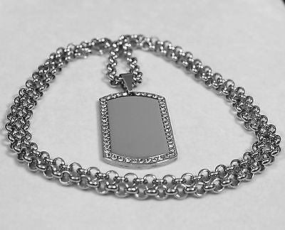CZ BLING THICK  NECKLACE  DOG TAG STAINLESS STEEL ROLO CHAIN - Samstagsandmore