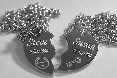 SOLID STAINLESS STEEL LOCK AND KEY SPLIT HEART NECKLACES LOVE FREE ENGRAVING - Samstagsandmore