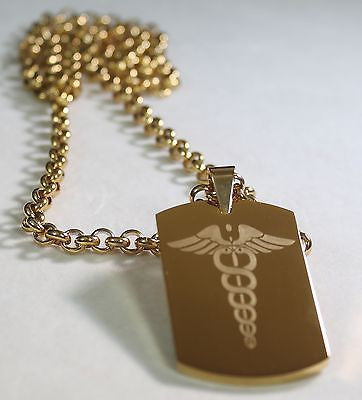 CADUCEUS MEDICAL INSIGNIA IPG GOLD  NECKLACE  DOG TAG STAINLESS STEEL COLOR GOLD - Samstagsandmore