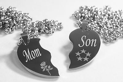 SPLIT HEART NECKLACES MOM SON SILVER STAINLESS STEEL THICK HEAVY PENDANTS - Samstagsandmore