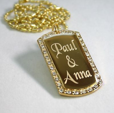 GOLD PLATED NECKLACE PENDANT DOG TAG CZ CUSTOM - Samstagsandmore