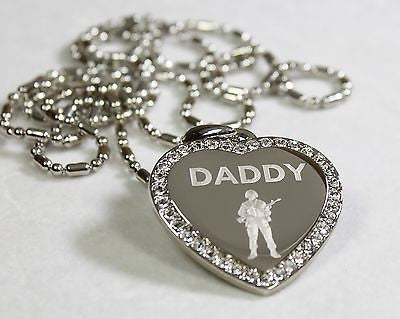 CZ BLING HEART MILITARY SON DAD. BROTHER NECKLACE ARMY NAVY AIRFORCE MARINE - Samstagsandmore
