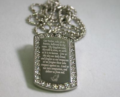 THE LORD'S PRAYER OUR FATHER CZ BLING DOG TAG NECKLACE CHAIN PENDANT - Samstagsandmore