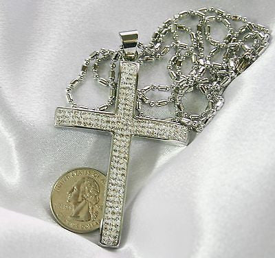 HIP HOP CZ  BLING STAINLESS STEEL CROSS AND RHODIUM PLATED NECKLACE - Samstagsandmore