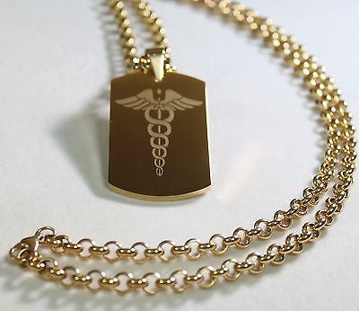 CADUCEUS MEDICAL INSIGNIA IPG GOLD  NECKLACE  DOG TAG STAINLESS STEEL COLOR GOLD - Samstagsandmore