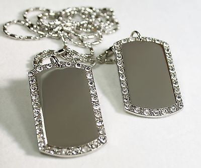2X SILVER TONE  NECKLACE PENDANT DOG TAG CZ BLING CUSTOM MILITARY STYLE - Samstagsandmore