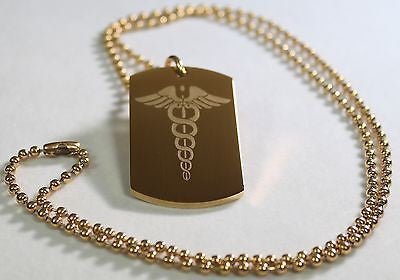 CADUCEUS MEDICAL INSIGNIA IPG GOLD  NECKLACE  DOG TAG STAINLESS STEEL BALL CHAIN - Samstagsandmore