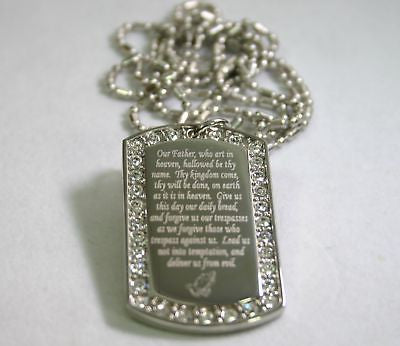 THE LORD'S PRAYER OUR FATHER CZ BLING DOG TAG NECKLACE CHAIN PENDANT - Samstagsandmore