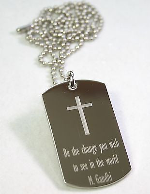 Cross Gandhi quote inspirational motivational stainless steel dog tag necklace - Samstagsandmore
