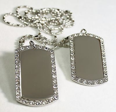 2X SILVER TONE  NECKLACE PENDANT DOG TAG CZ BLING CUSTOM MILITARY STYLE - Samstagsandmore