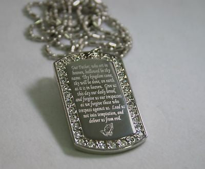 THE LORD'S PRAYER OUR FATHER CZ BLING DOG TAG NECKLACE CHAIN PENDANT - Samstagsandmore