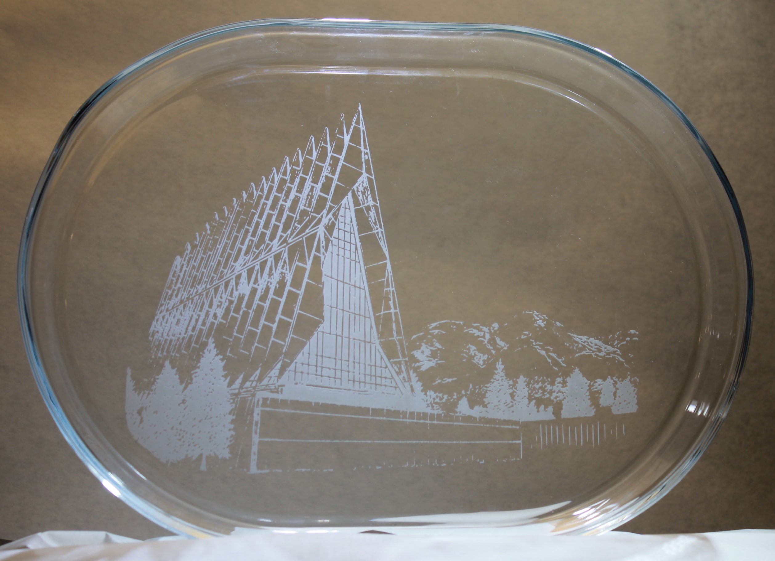 USAFA Chapel Image sand-carved clear glass serving tray platter - Samstagsandmore