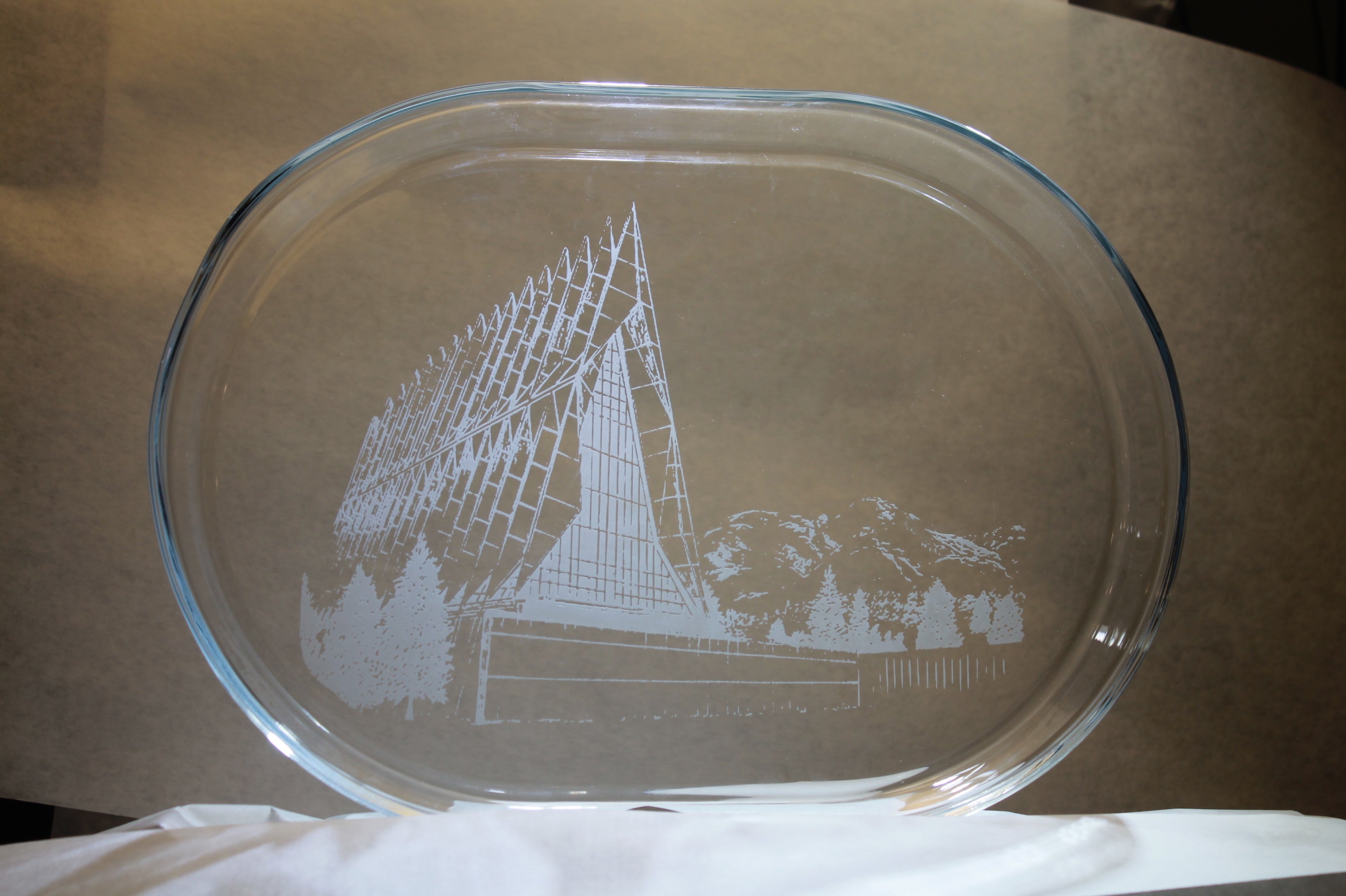 USAFA Chapel Image sand-carved clear glass serving tray platter - Samstagsandmore