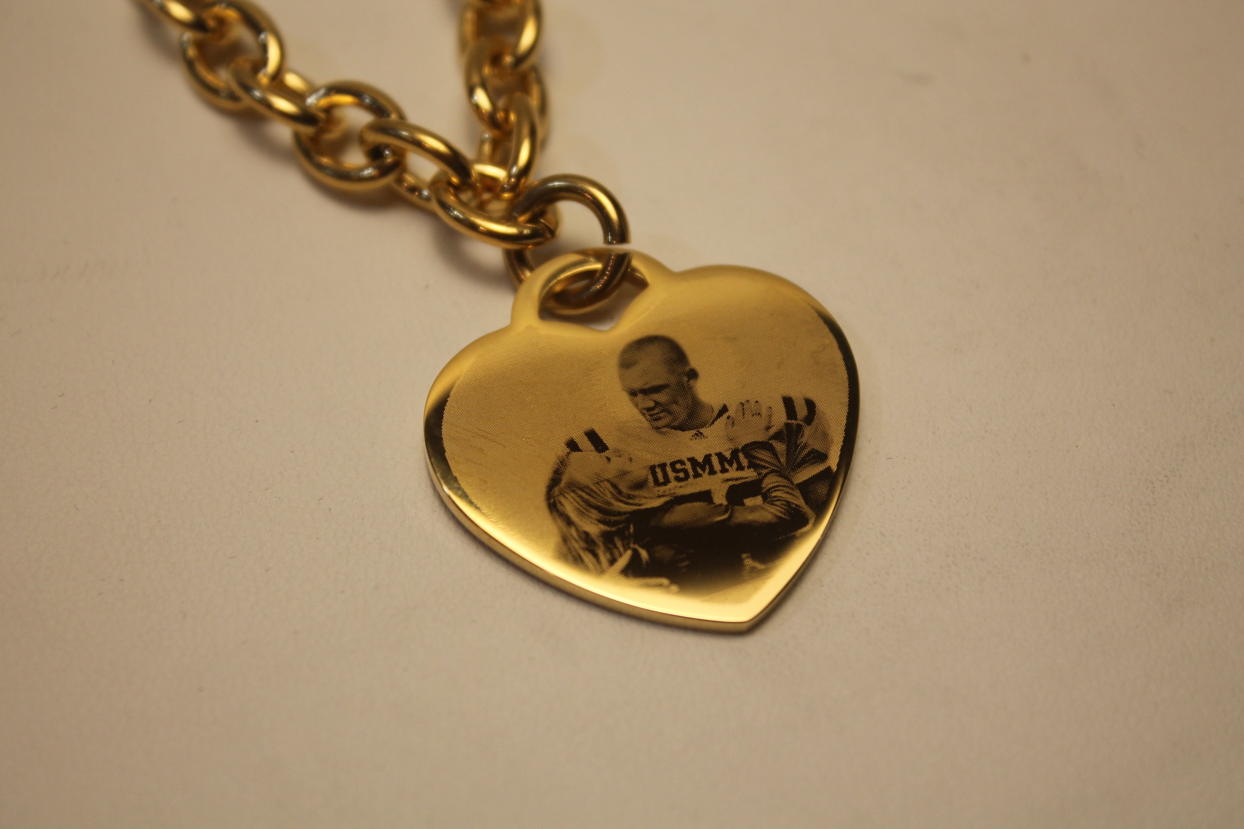 Picture Photo Text Tag Custom Engraved  Gold IPG Stainless Steel Heart with Oval Link Chain Necklace - Samstagsandmore