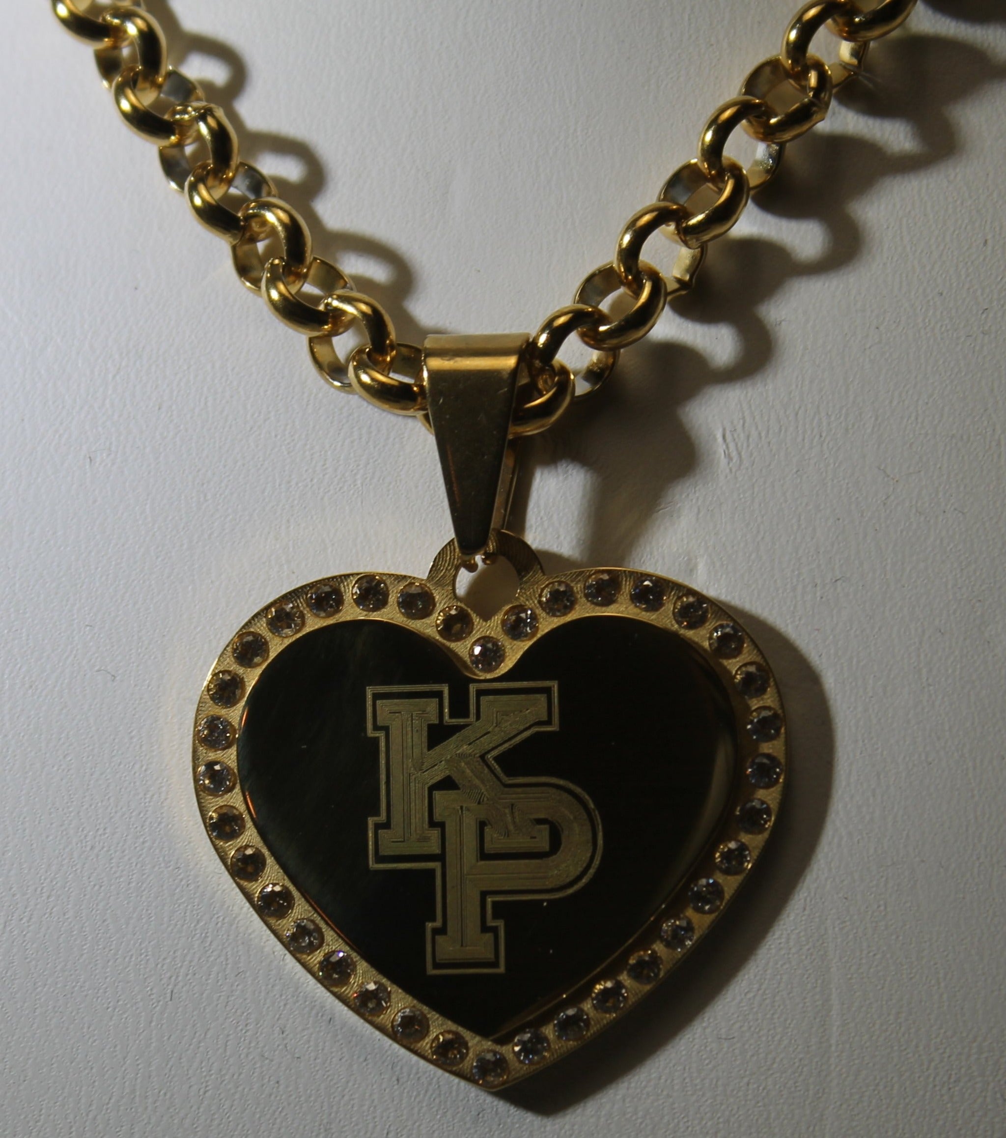 CZ BLING SOLID STAINLESS STEEL GOLD TONE HEART USMMA KP FREE ENGRAVE ROLO CHAIN - Samstagsandmore