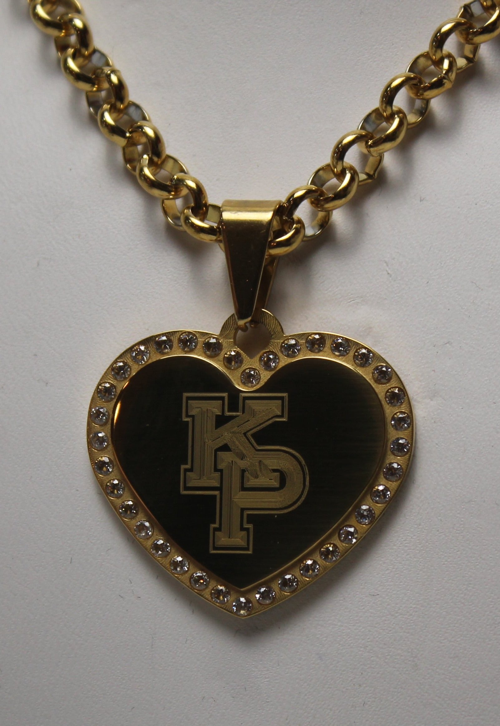 CZ BLING SOLID STAINLESS STEEL GOLD TONE HEART USMMA KP FREE ENGRAVE ROLO CHAIN - Samstagsandmore