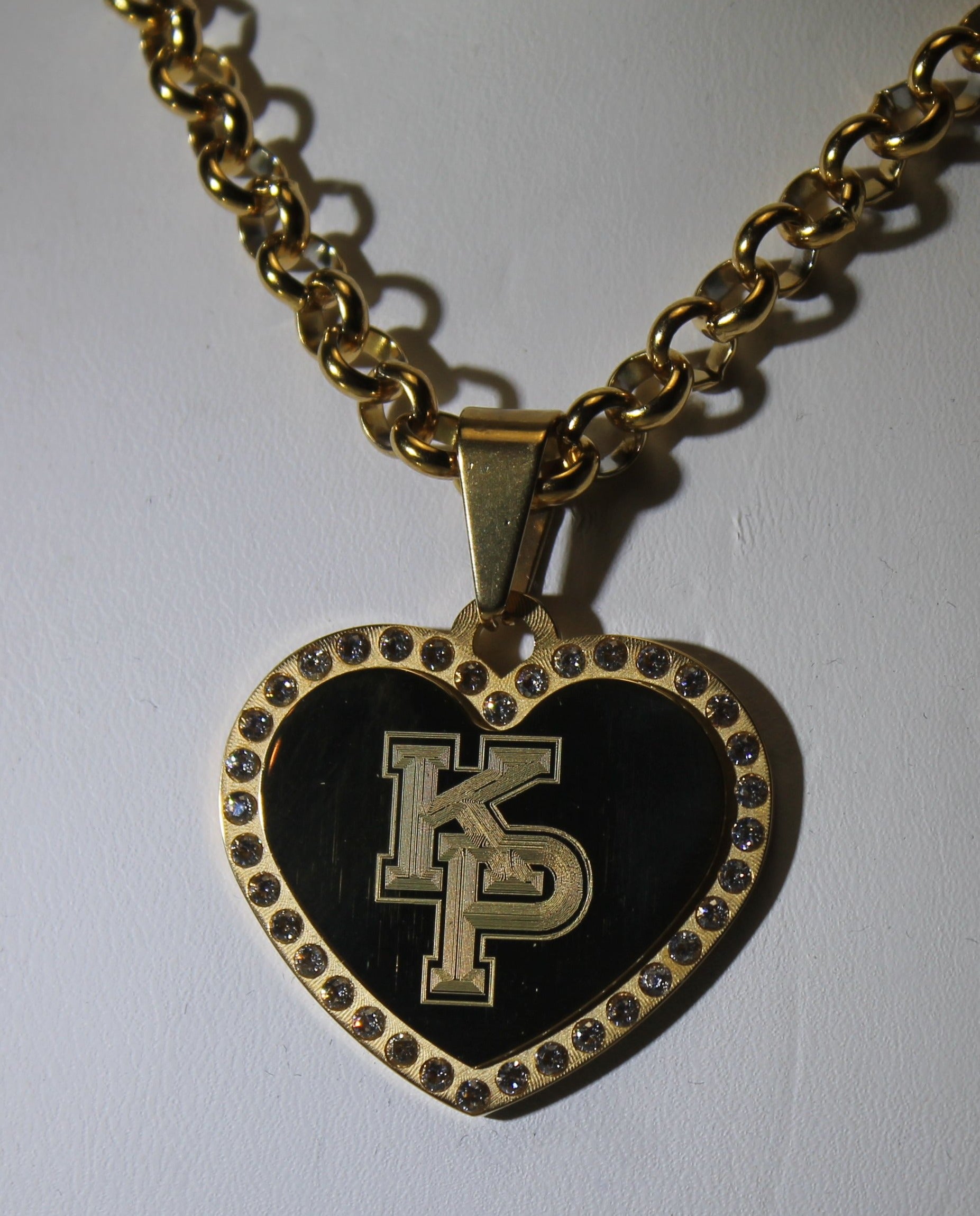 CZ BLING SOLID STAINLESS STEEL GOLD TONE HEART USMMA KP FREE ENGRAVE ROLO CHAIN - Samstagsandmore