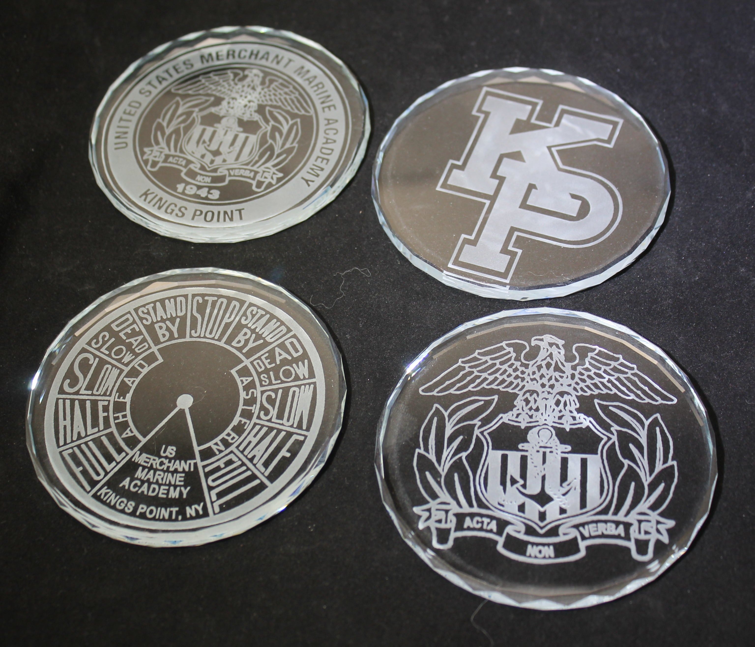 USAFA Custom K9 Faceted Edge Sand Carved Crystal Coasters in Wood Base with Brass Plate - FOUR designs - Samstagsandmore