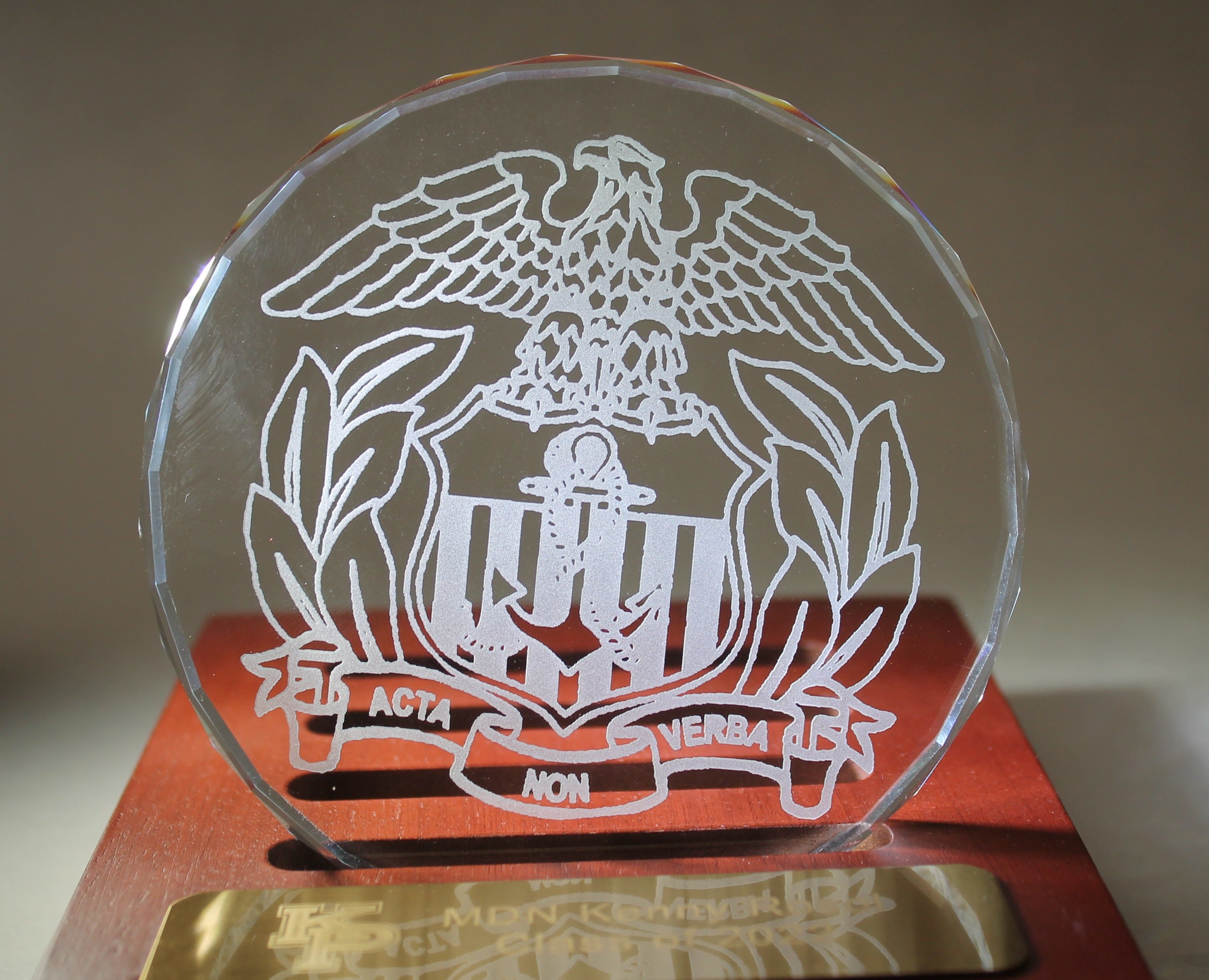 USAFA Custom K9 Faceted Edge Sand Carved Crystal Coasters in Wood Base with Brass Plate - FOUR designs - Samstagsandmore