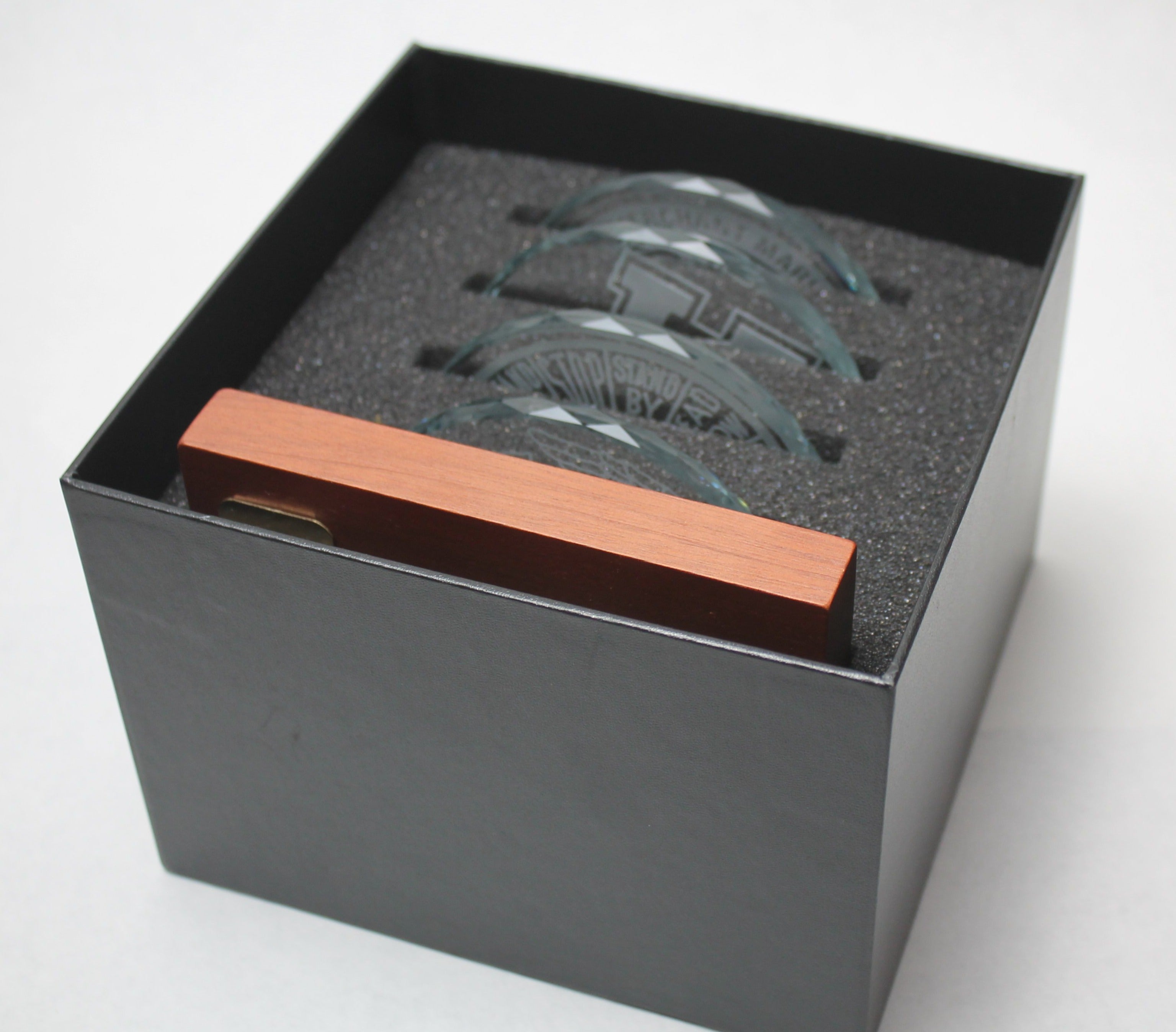 USAFA Custom K9 Faceted Edge Sand Carved Crystal Coasters in Wood Base with Brass Plate - FOUR designs - Samstagsandmore