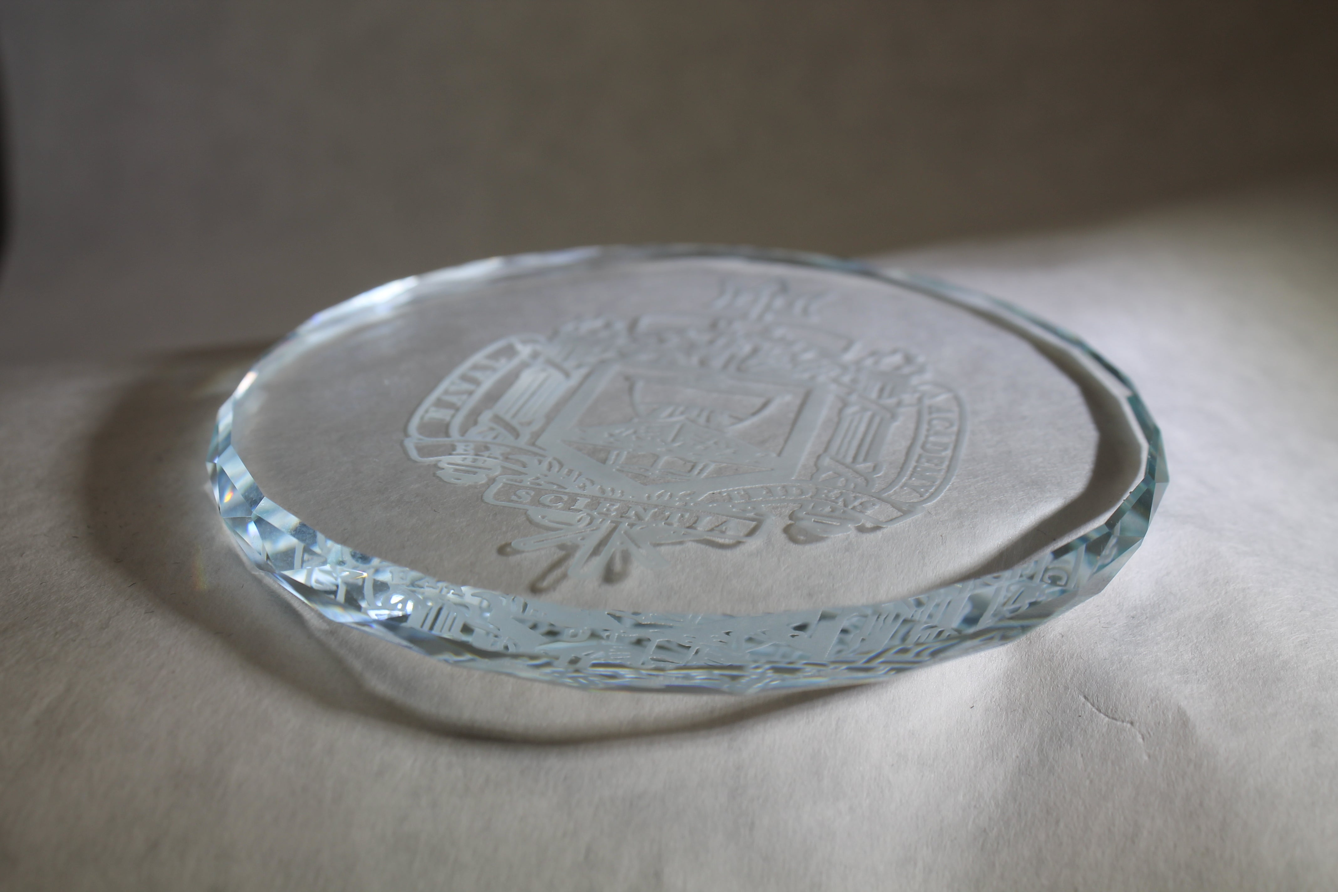 USAFA Custom K9 Faceted Edge Sand Carved Crystal Coasters in Wood Base with Brass Plate - FOUR designs - Samstagsandmore