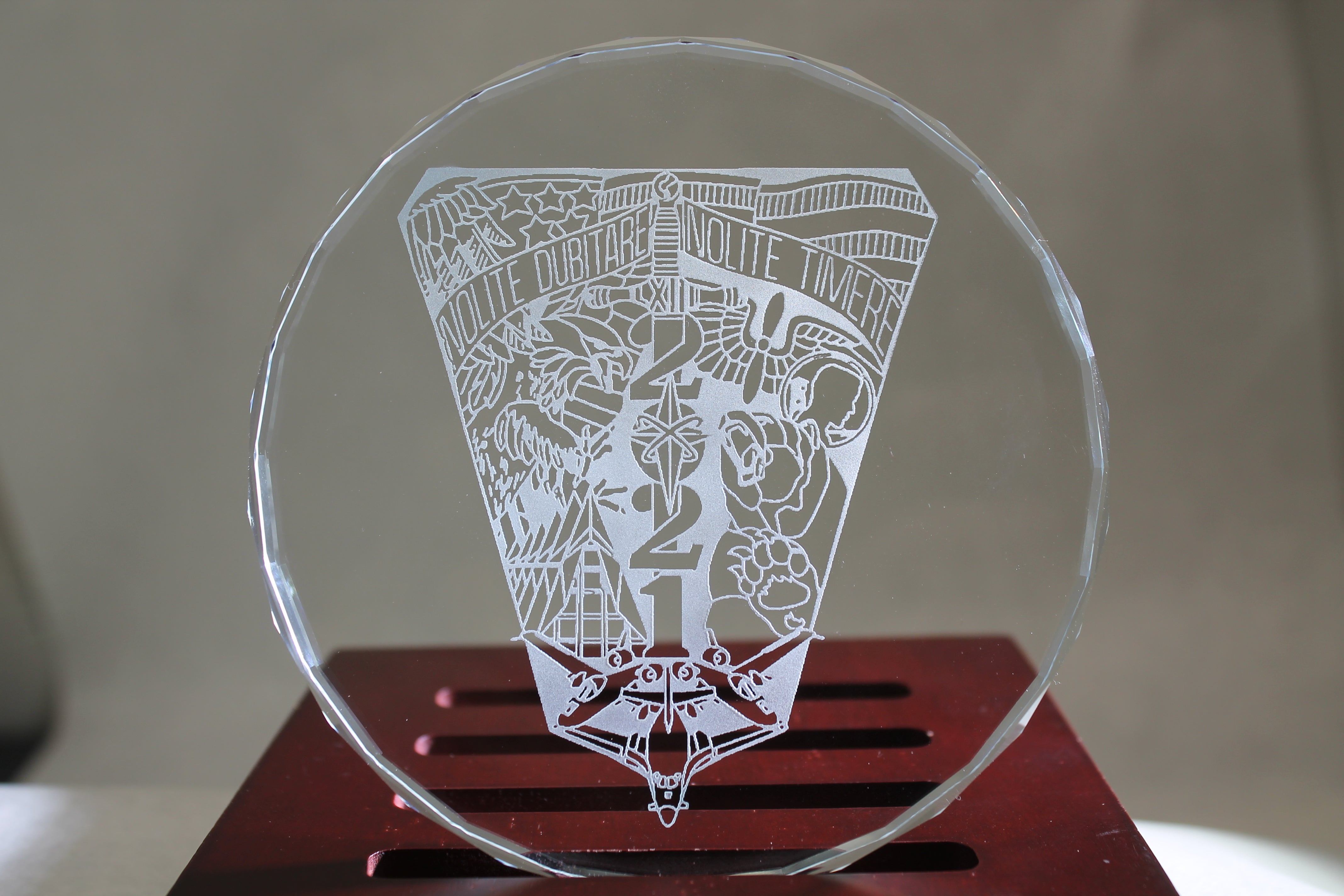 USAFA Custom K9 Faceted Edge Sand Carved Crystal Coasters in Wood Base with Brass Plate - FOUR designs - Samstagsandmore