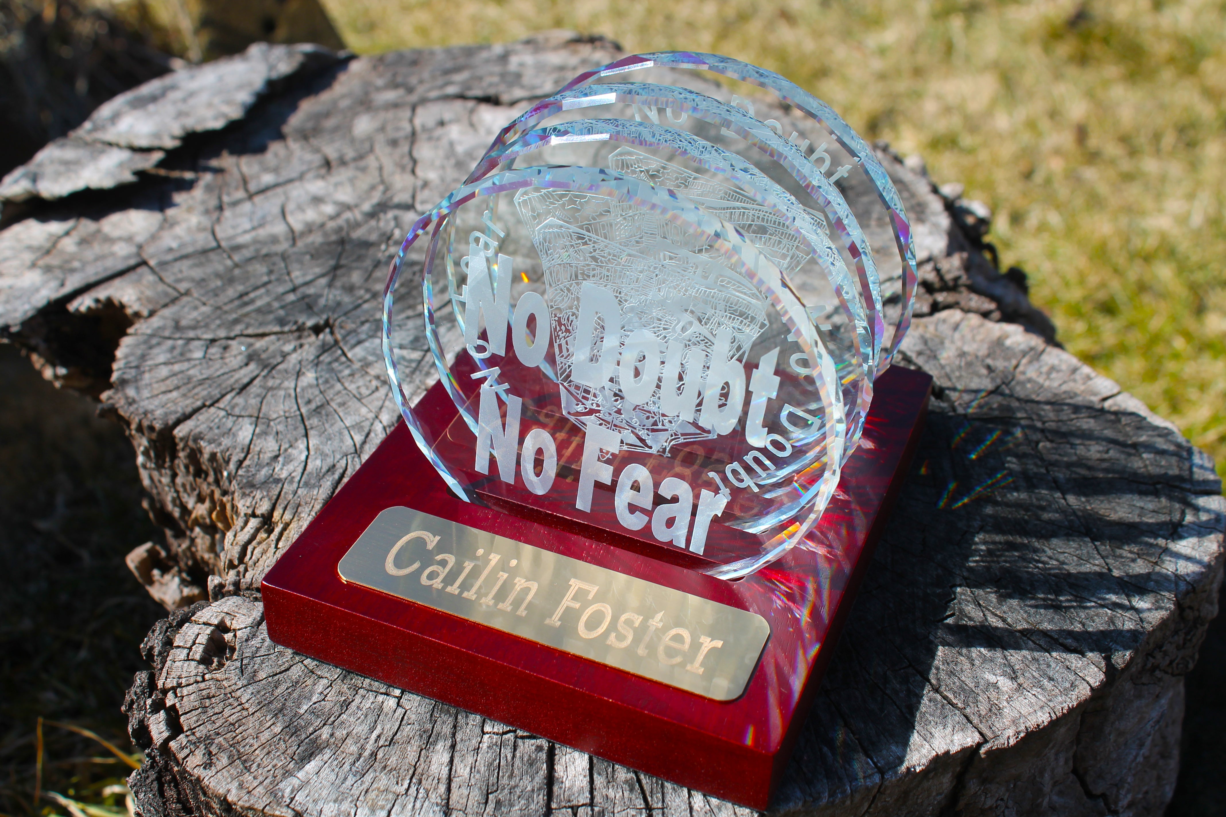 USAFA Custom K9 Faceted Edge Sand Carved Crystal Coasters in Wood Base with Brass Plate - FOUR designs - Samstagsandmore