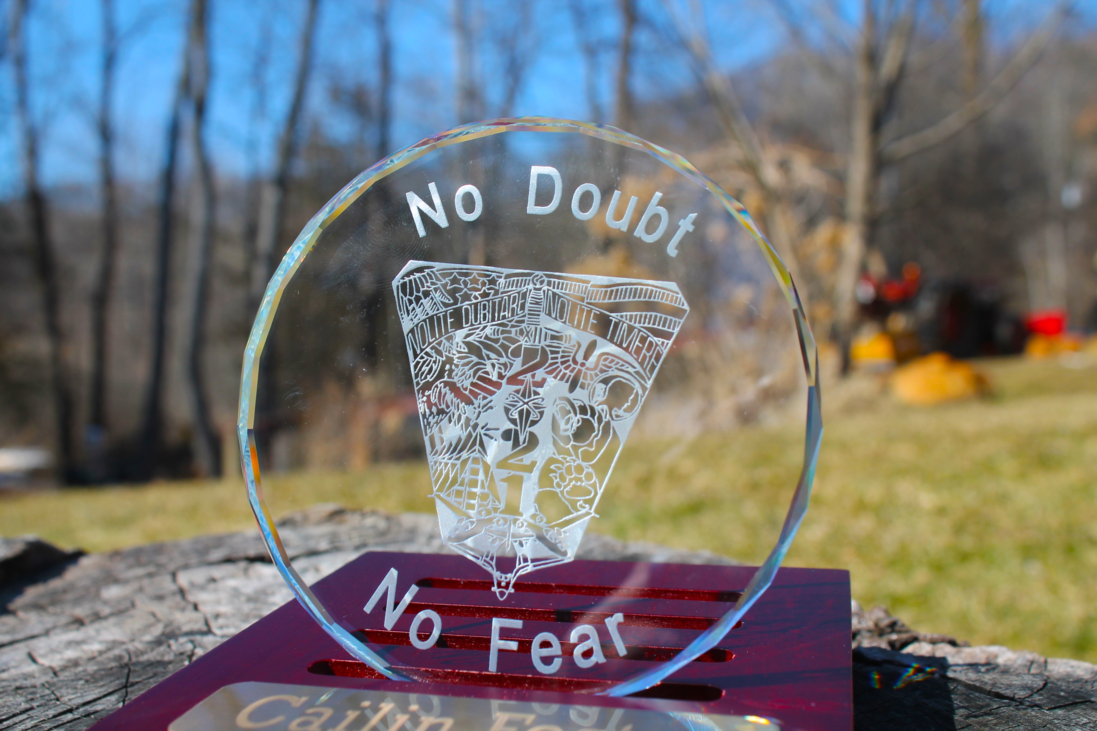 USAFA Custom K9 Faceted Edge Sand Carved Crystal Coasters in Wood Base with Brass Plate - FOUR designs - Samstagsandmore