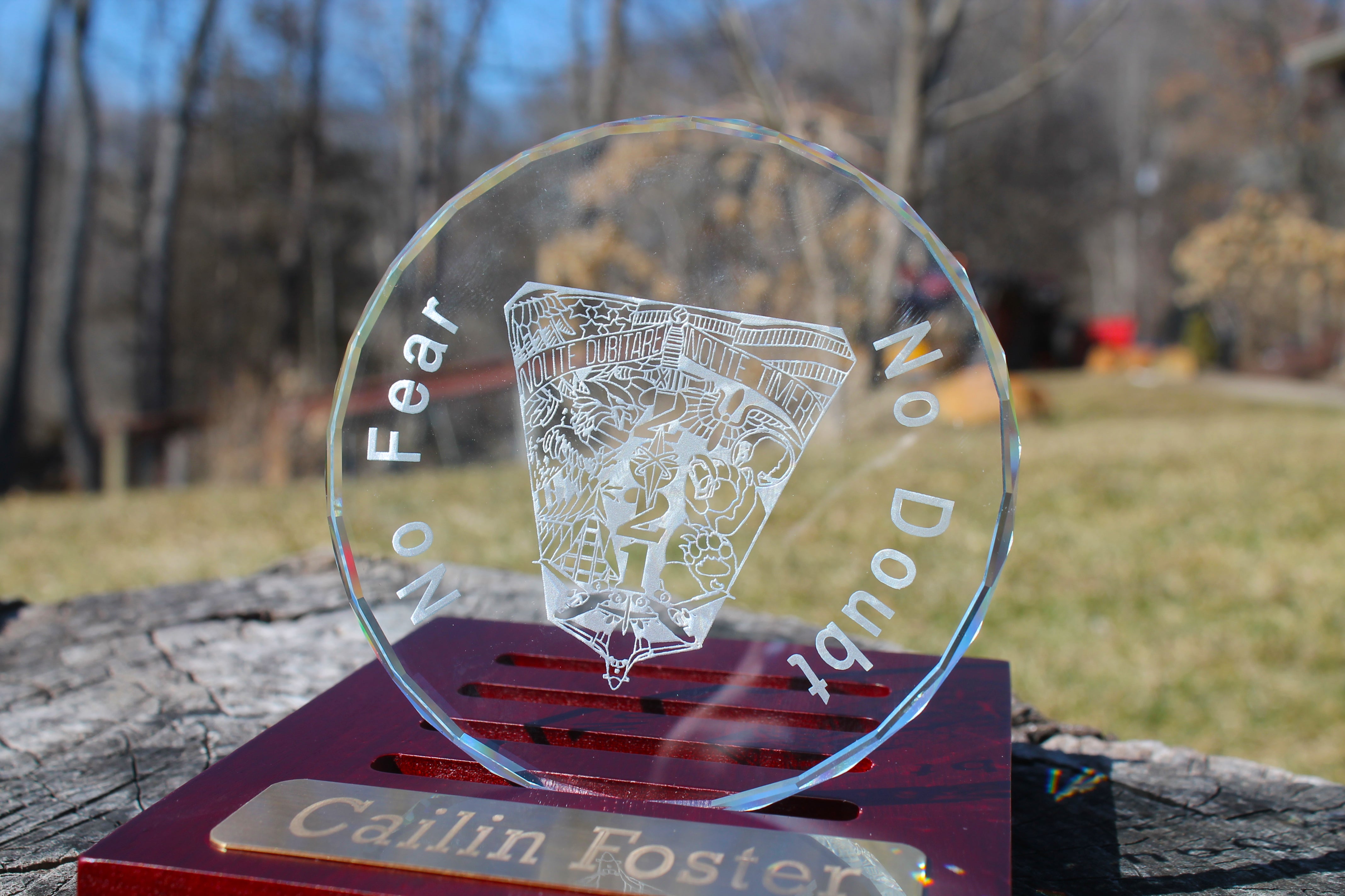 USAFA Custom K9 Faceted Edge Sand Carved Crystal Coasters in Wood Base with Brass Plate - FOUR designs - Samstagsandmore