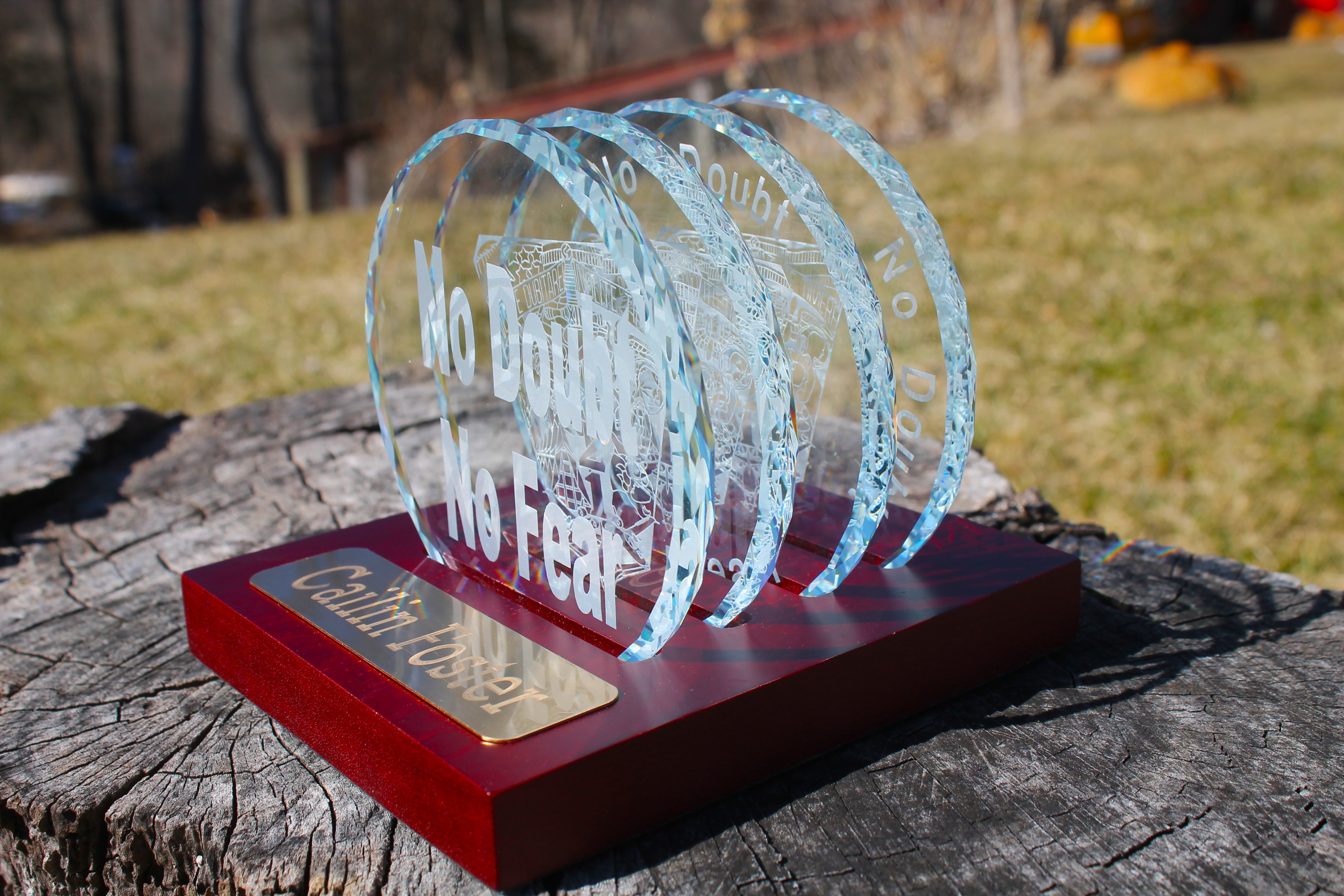 USAFA Custom K9 Faceted Edge Sand Carved Crystal Coasters in Wood Base with Brass Plate - FOUR designs - Samstagsandmore