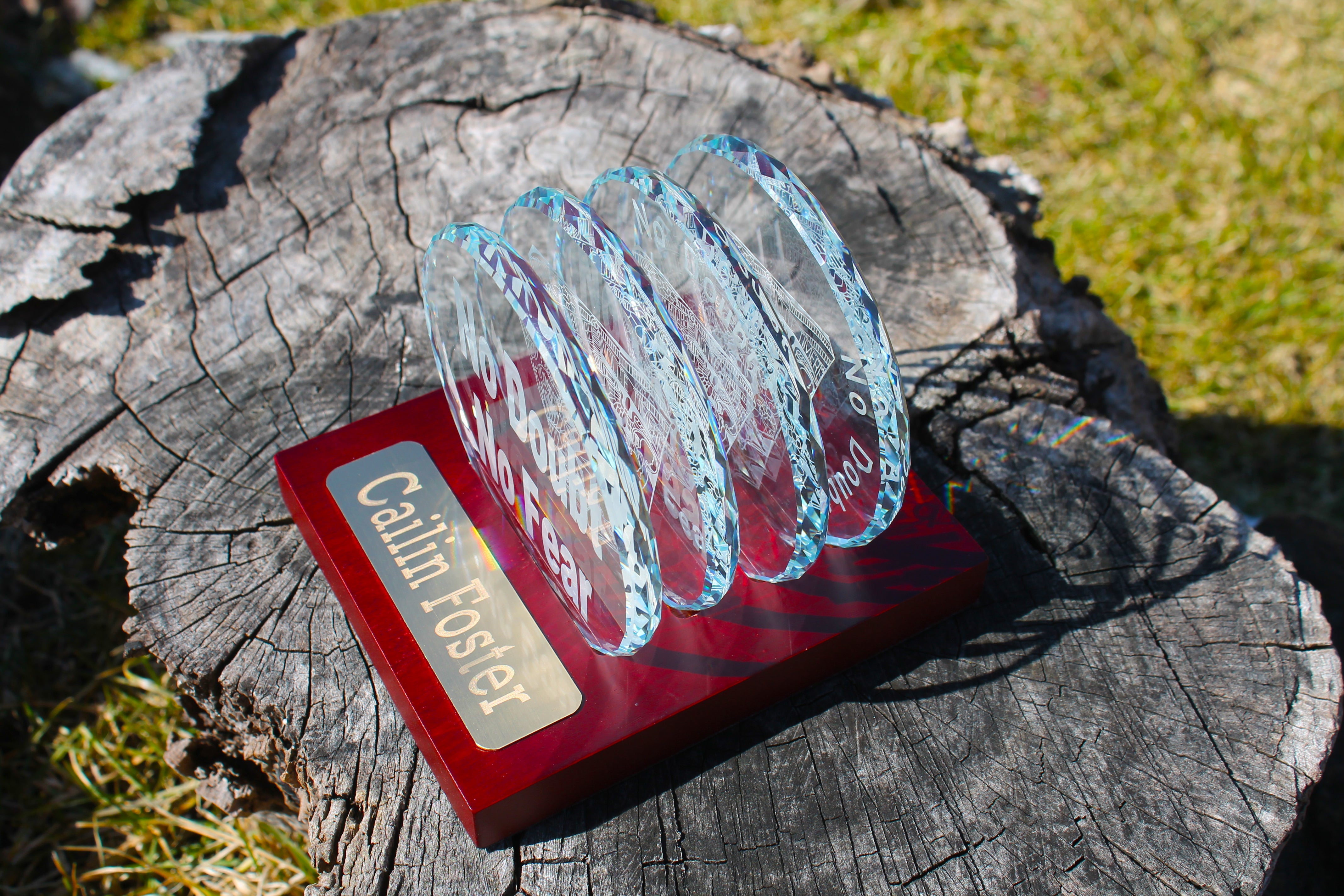 USAFA Custom K9 Faceted Edge Sand Carved Crystal Coasters in Wood Base with Brass Plate - FOUR designs - Samstagsandmore