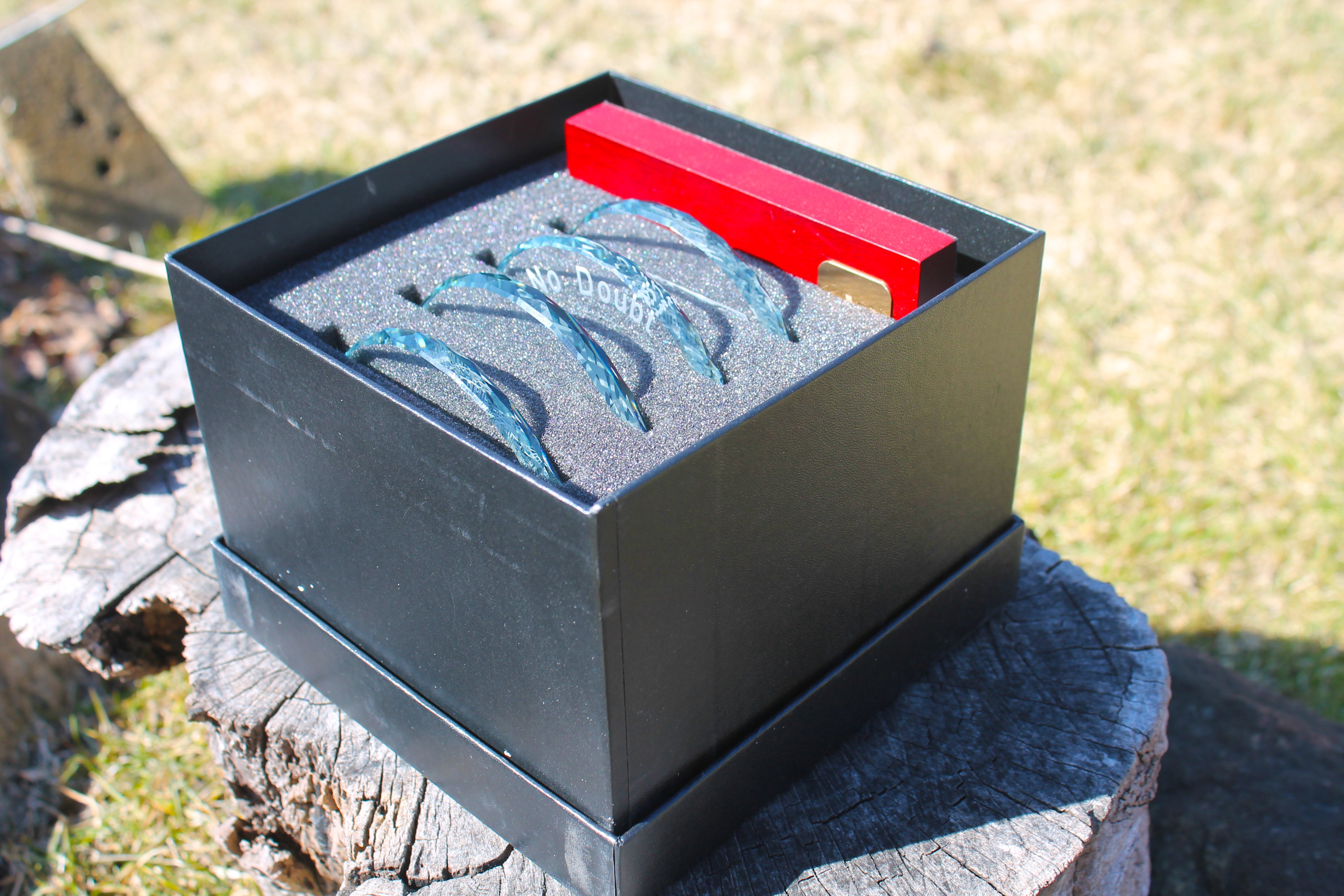 USAFA Custom K9 Faceted Edge Sand Carved Crystal Coasters in Wood Base with Brass Plate - FOUR designs - Samstagsandmore