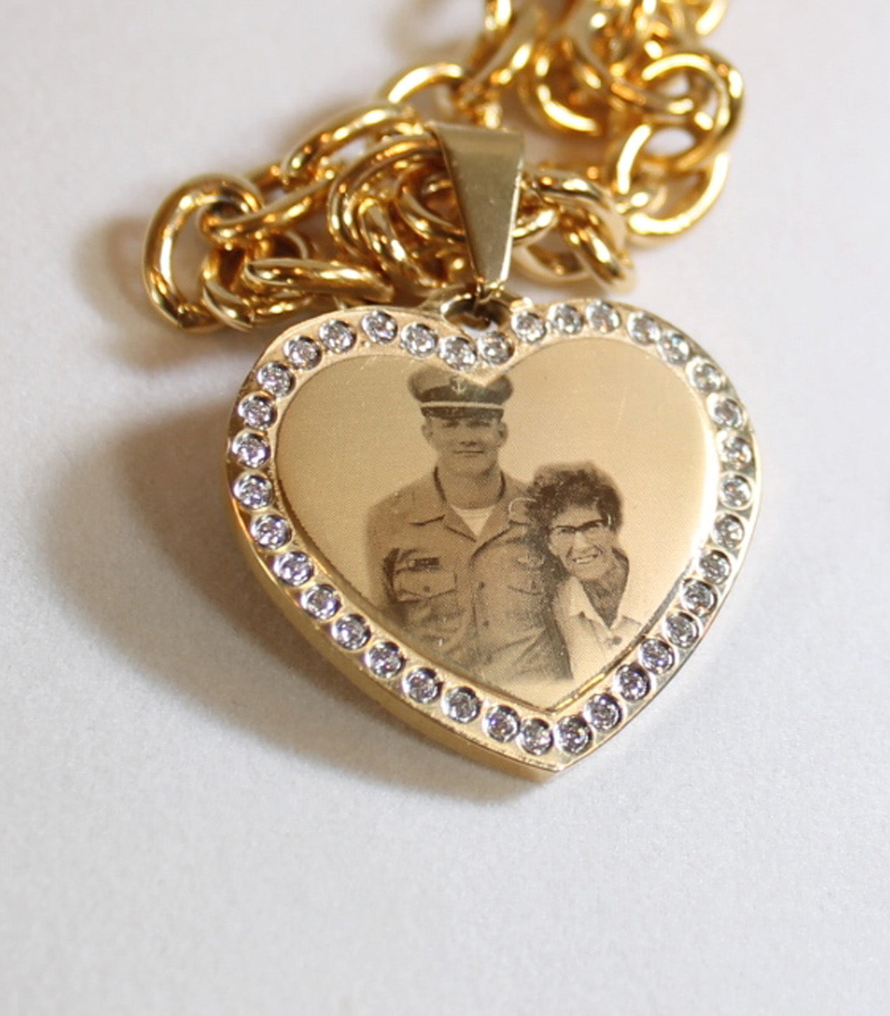 Custom Engraved Photo Pendant CZ Bling Gold IPG Stainless Steel Heart With Oval Link Chain Bracelet - Samstagsandmore