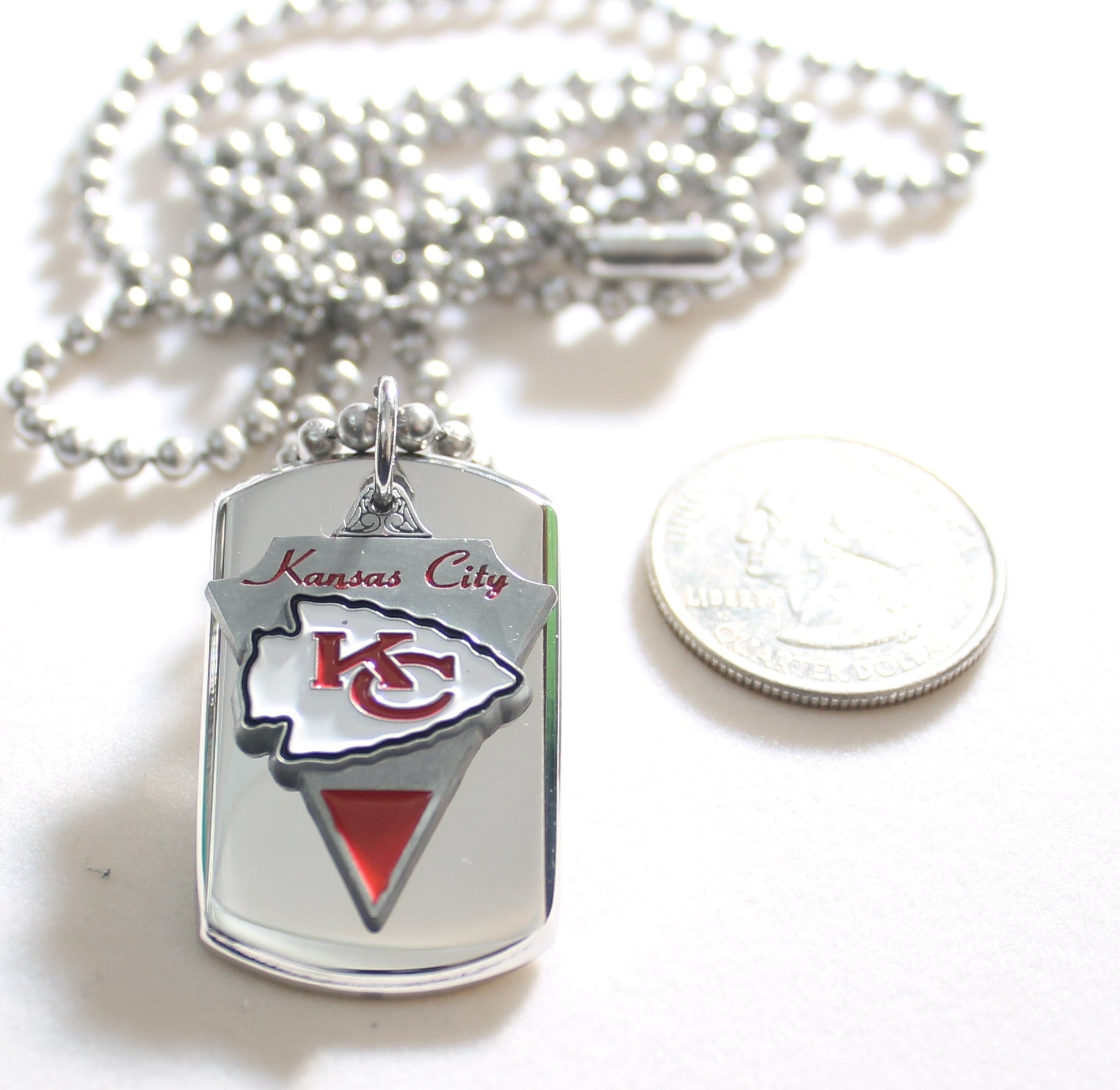 KANSAS CITY CHIEFS NFL  STAINLESS STEEL DOG TAG NECKLACE  3D BALL CHAIN - Samstagsandmore