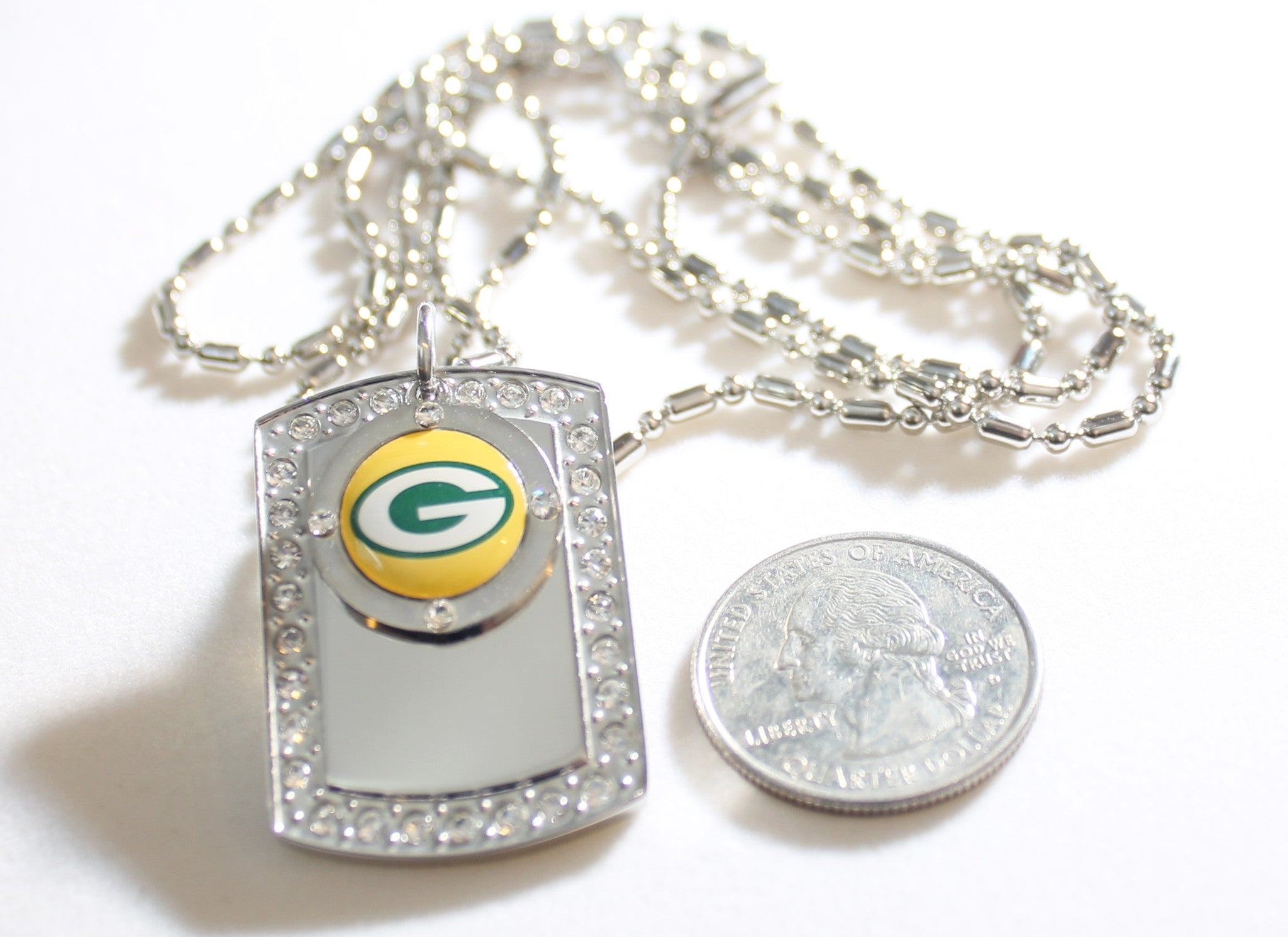 GREEN BAY PACKERS BLING NECKLACE PENDANT CZ STAINLESS DOG TAG - Samstagsandmore