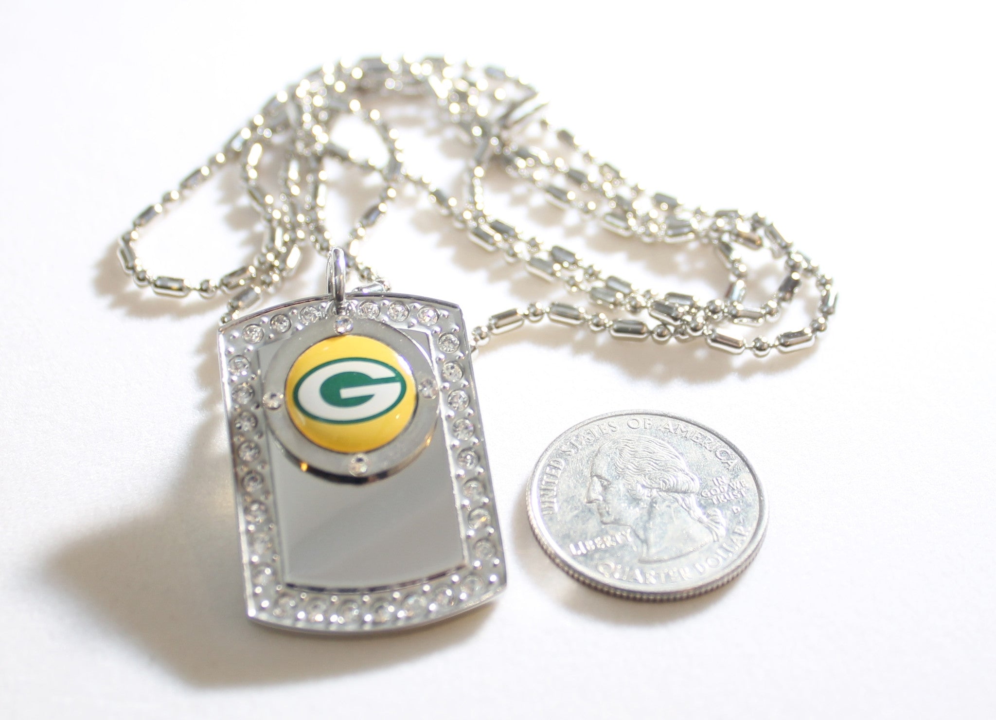 GREEN BAY PACKERS BLING NECKLACE PENDANT CZ STAINLESS DOG TAG - Samstagsandmore