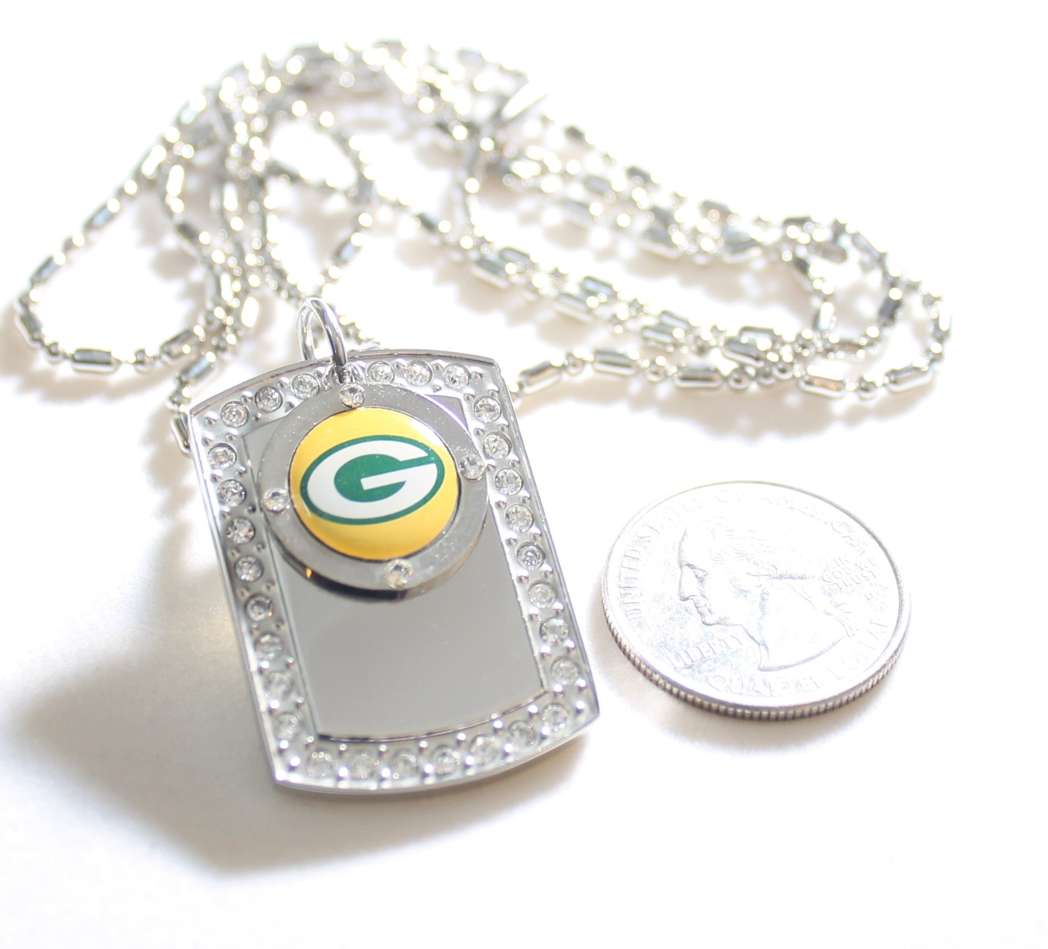 GREEN BAY PACKERS BLING NECKLACE PENDANT CZ STAINLESS DOG TAG - Samstagsandmore