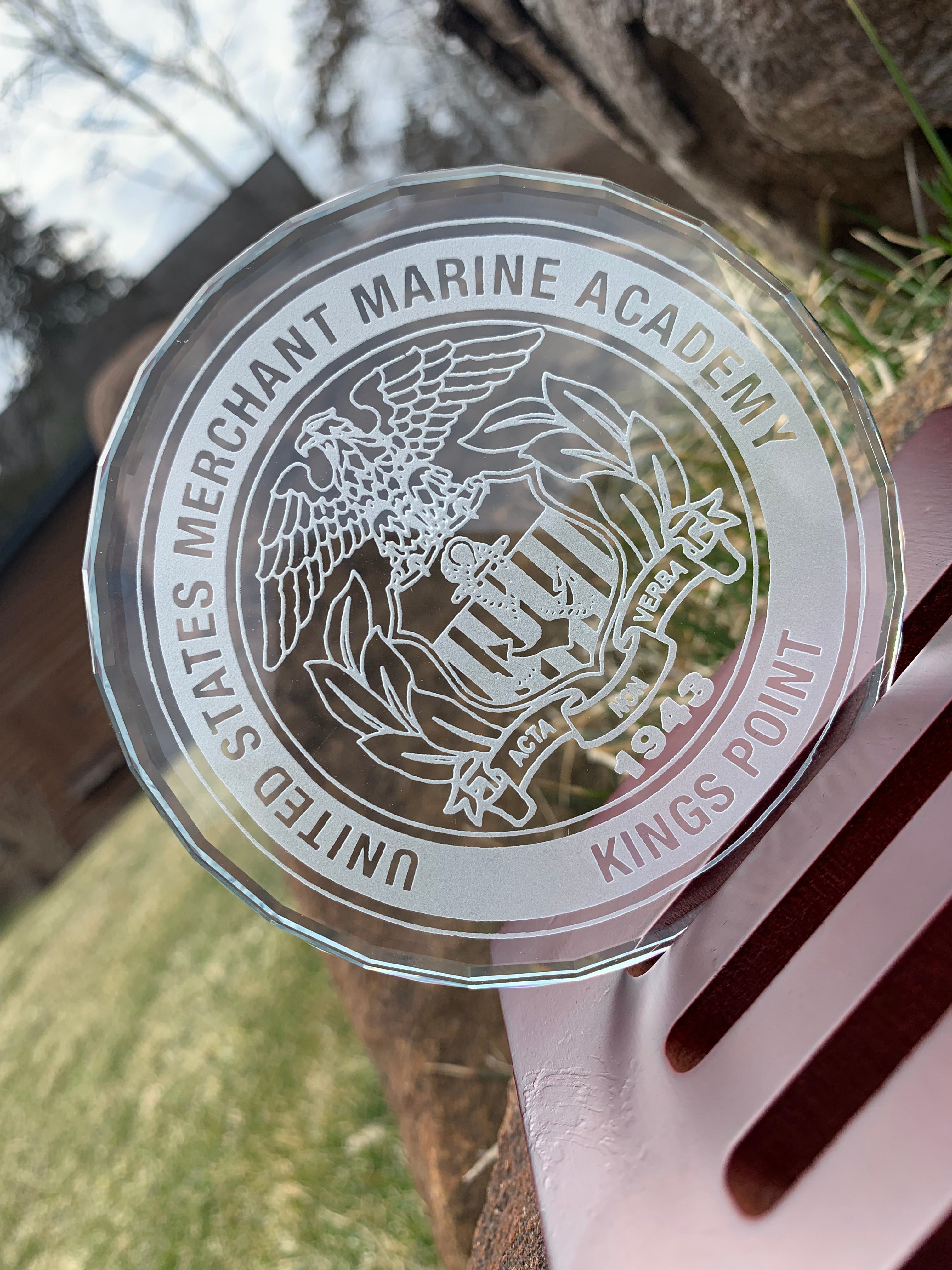 USMMA class of 2022 Custom K9 Faceted Edge Sand Carved Crystal Coasters in Wood Base with Brass Plate - FOUR designs