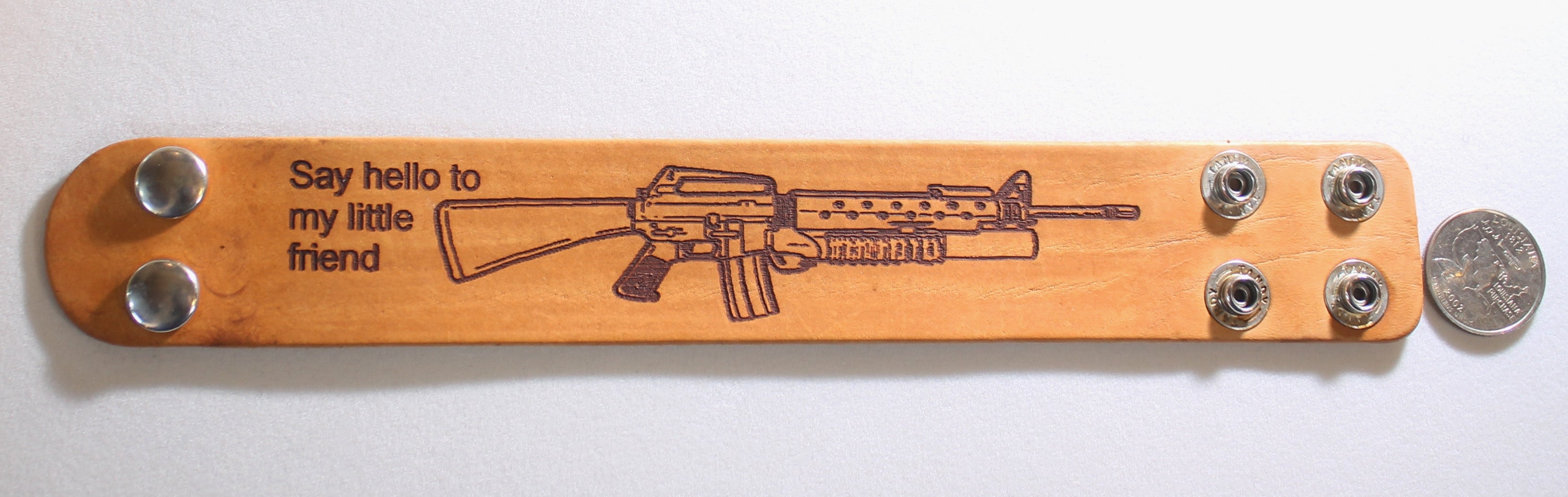 AR15, M16, M4, assault rifle, military laser engraved stained leather bracelet adjustable - Samstagsandmore