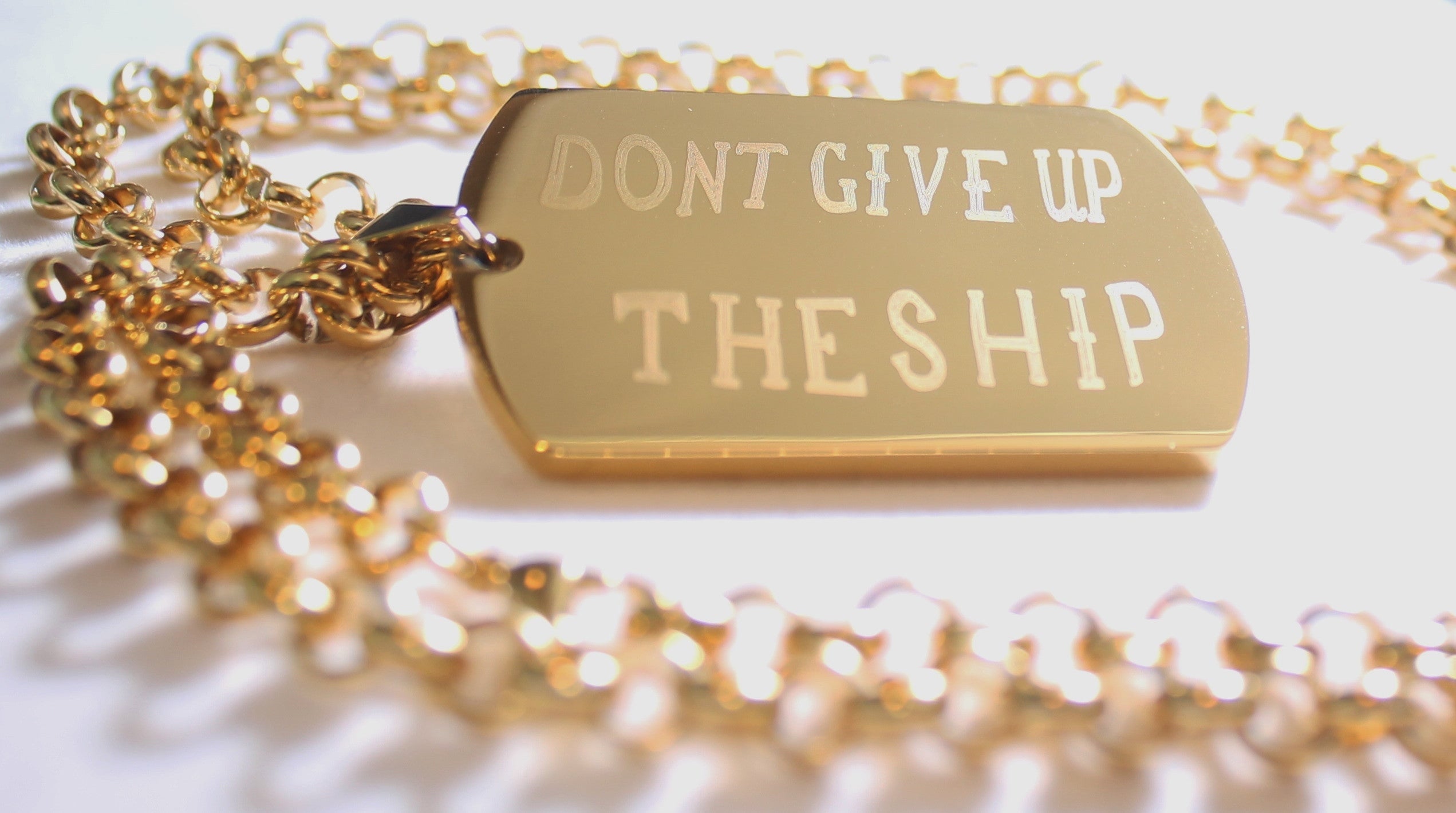 DONT GIVE UP THE SHIP IPG GOLD NAVY MILITARY MOTIVATIONAL THICK STAINLESS STEEL DOG TAG ROLO CHAIN - Samstagsandmore
