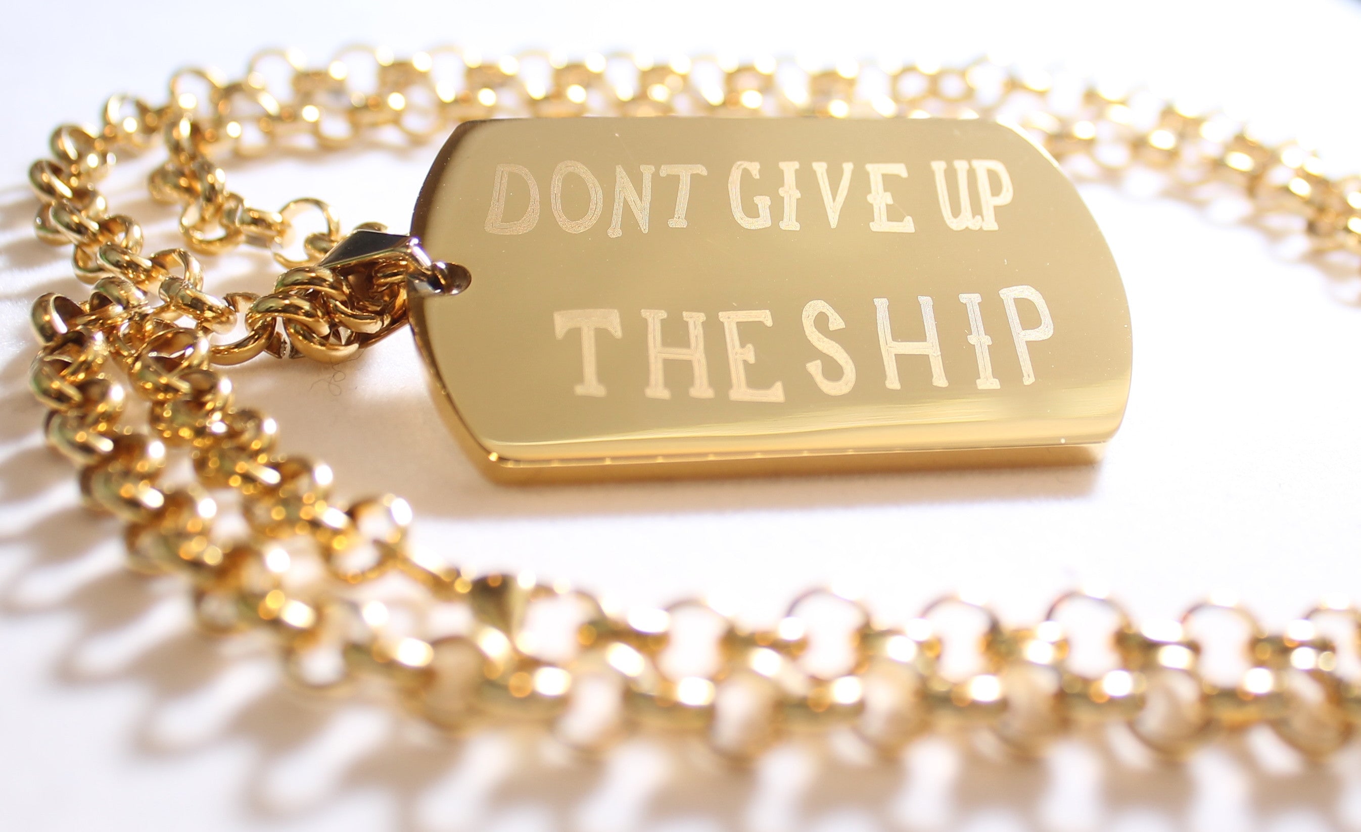 DONT GIVE UP THE SHIP IPG GOLD NAVY MILITARY MOTIVATIONAL THICK STAINLESS STEEL DOG TAG ROLO CHAIN - Samstagsandmore