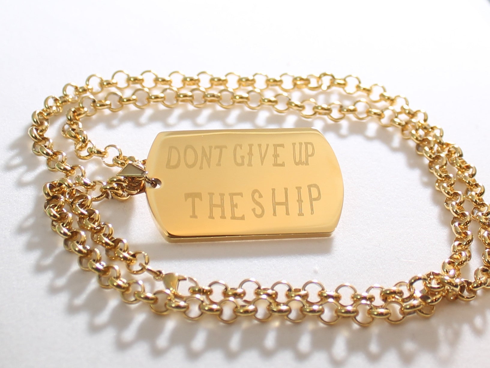 DONT GIVE UP THE SHIP IPG GOLD NAVY MILITARY MOTIVATIONAL THICK STAINLESS STEEL DOG TAG ROLO CHAIN - Samstagsandmore