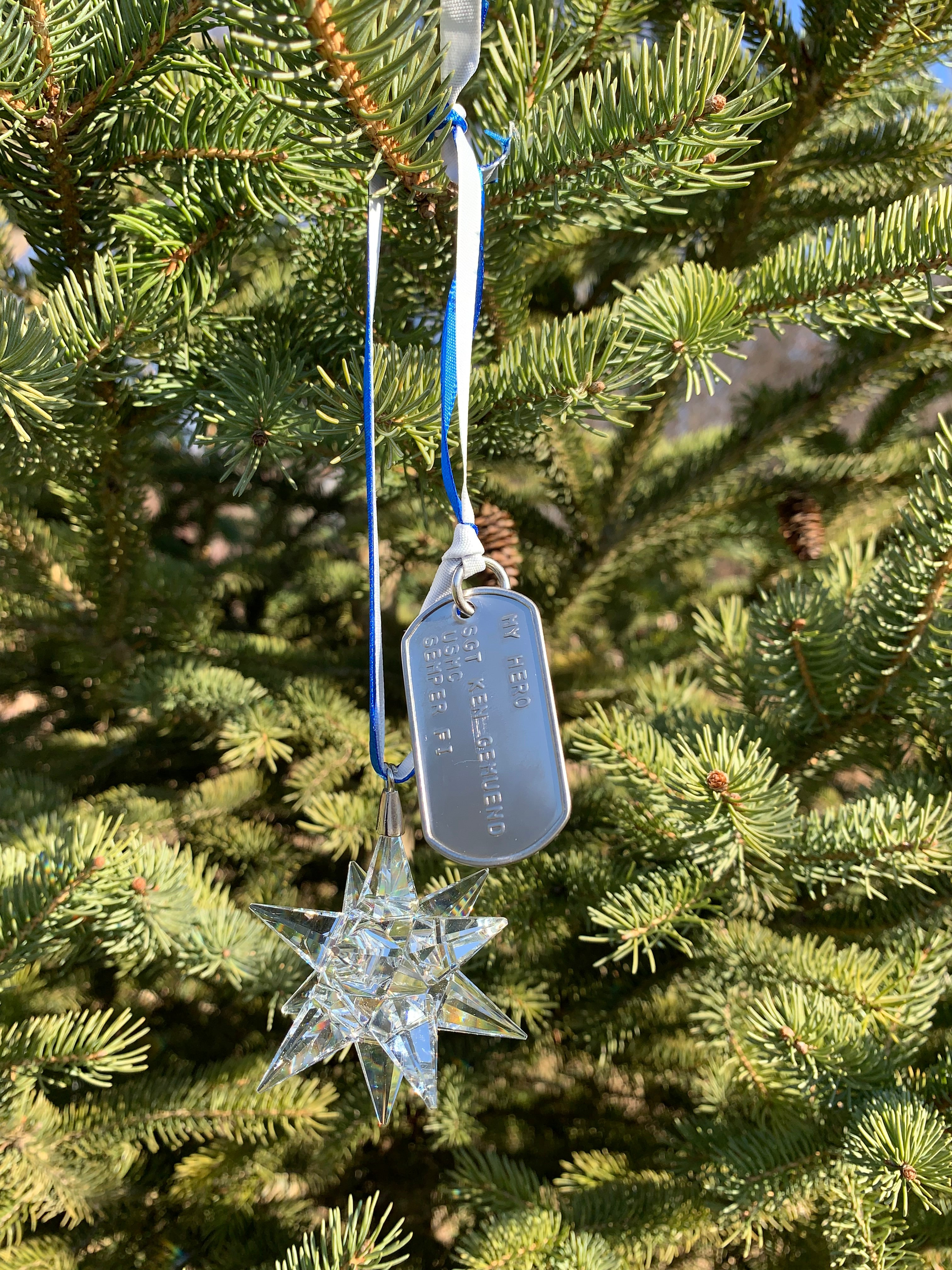 K9 Optical Crystal 12 point Star Ornament with stamped dog tag A Star is Born or My Hero, custom