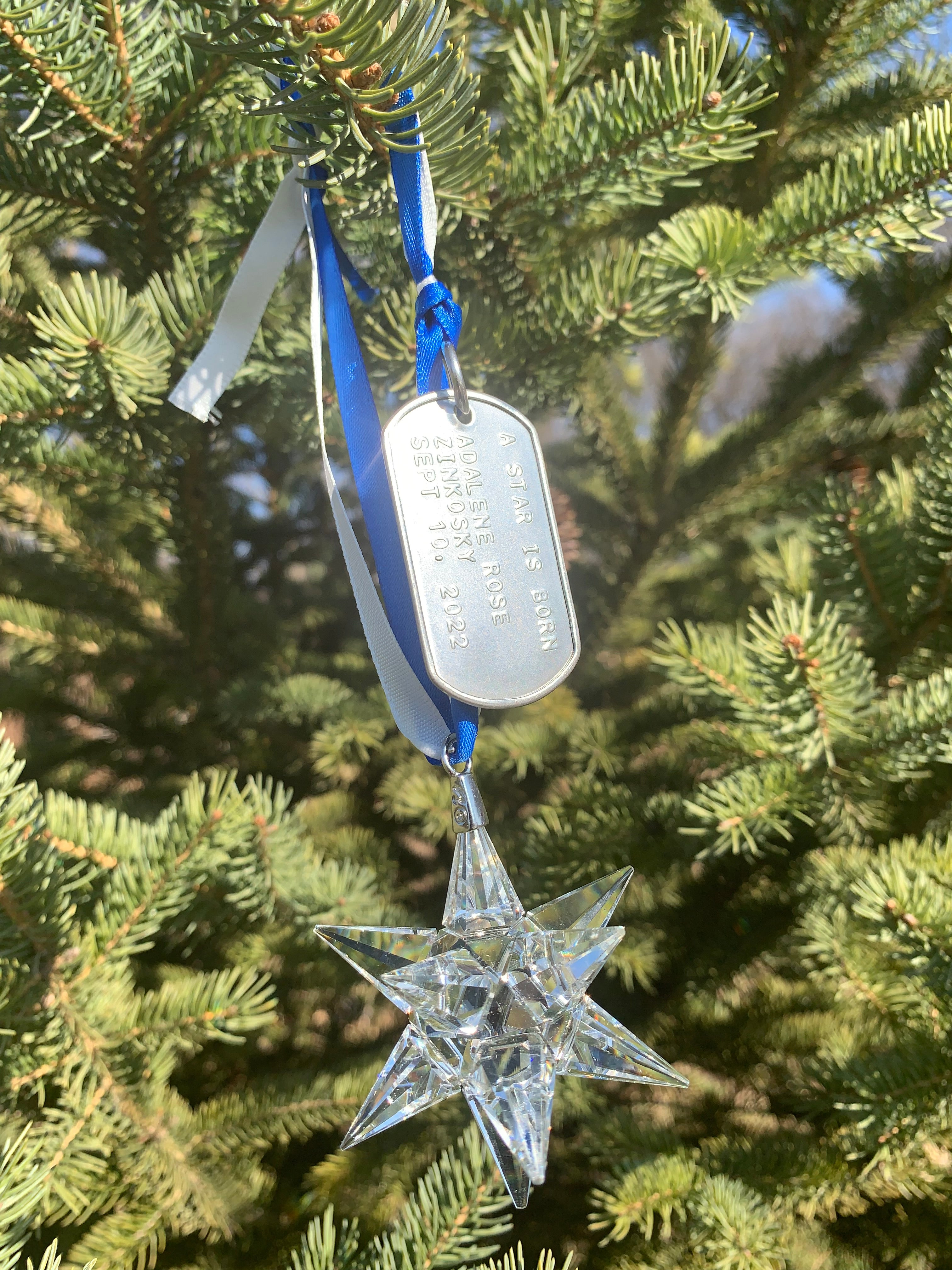 K9 Optical Crystal 12 point Star Ornament with stamped dog tag A Star is Born or My Hero, custom