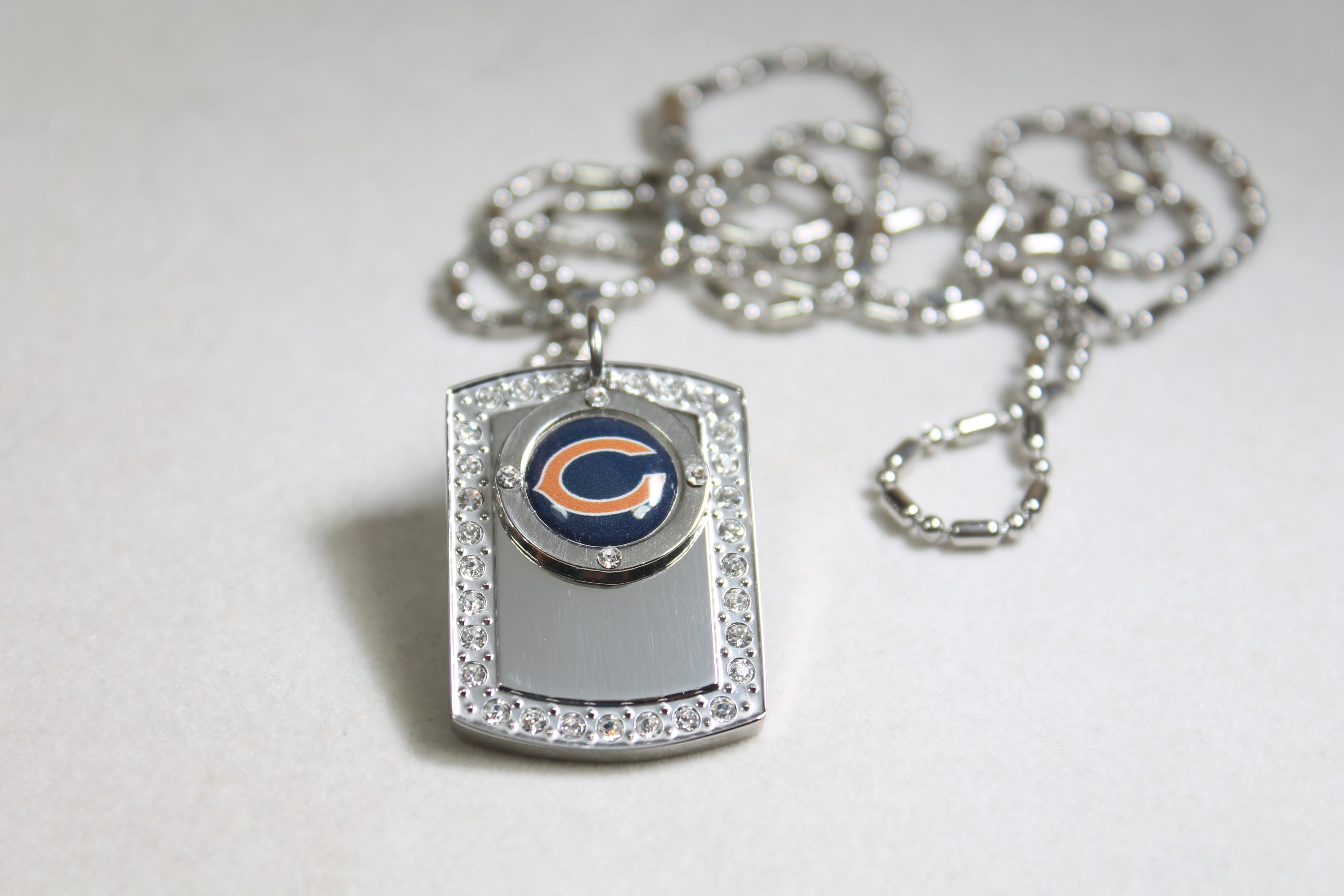 CHICAGO BEARS BLING NECKLACE PENDANT CZ STAINLESS DOG TAG