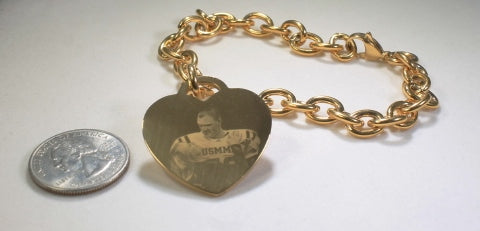 Picture Photo Text Tag Custom Engraved  Gold IPG Stainless Steel Heart with Oval Link Chain Necklace - Samstagsandmore