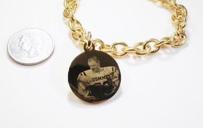 Photo Picture Tag Custom Engraved 1" Round Dog Tag Gold IPG Stainless Steel With Oval Link Chain Bracelet or Necklace - Samstagsandmore