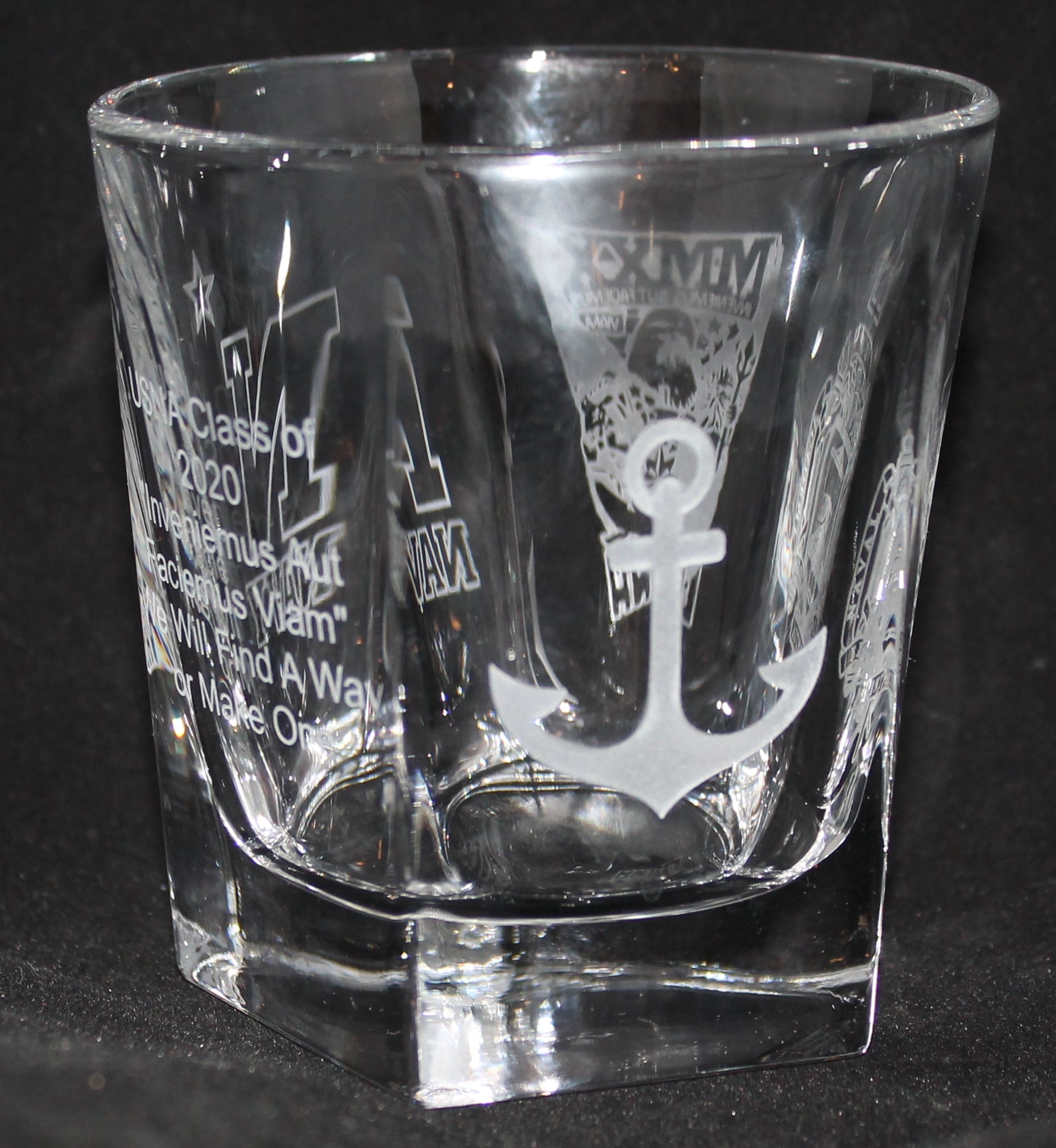 ROCKS GLASS 5-SIDED USNA USAFA USMMA SAND CARVED BOURBON WHISKEY SET OF 8 graduation commencement USCGA USMA - Samstagsandmore