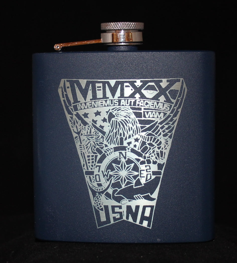 Custom Laser Engraved 6 oz Stainless Steel powder coated Flask USNA USMMA USAFA - Samstagsandmore